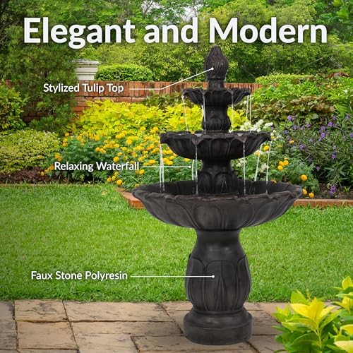 Sunnydaze Classic Tulip 46 in. 3-Tiered Outdoor Water Fountain - Dark Brown | Polystone Construction - 4-Gallon Water Capacity - Includes Electric