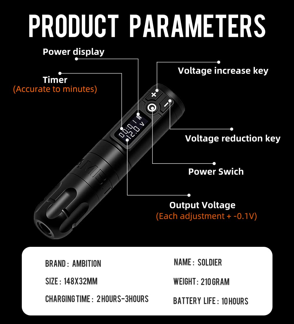 Ambition Soldier Rotary Battery Pen Tattoo Cartridge Machine with 2400mAh Power Japan Coreless Motor Digital LED Display Tattoo Equipment Supply for