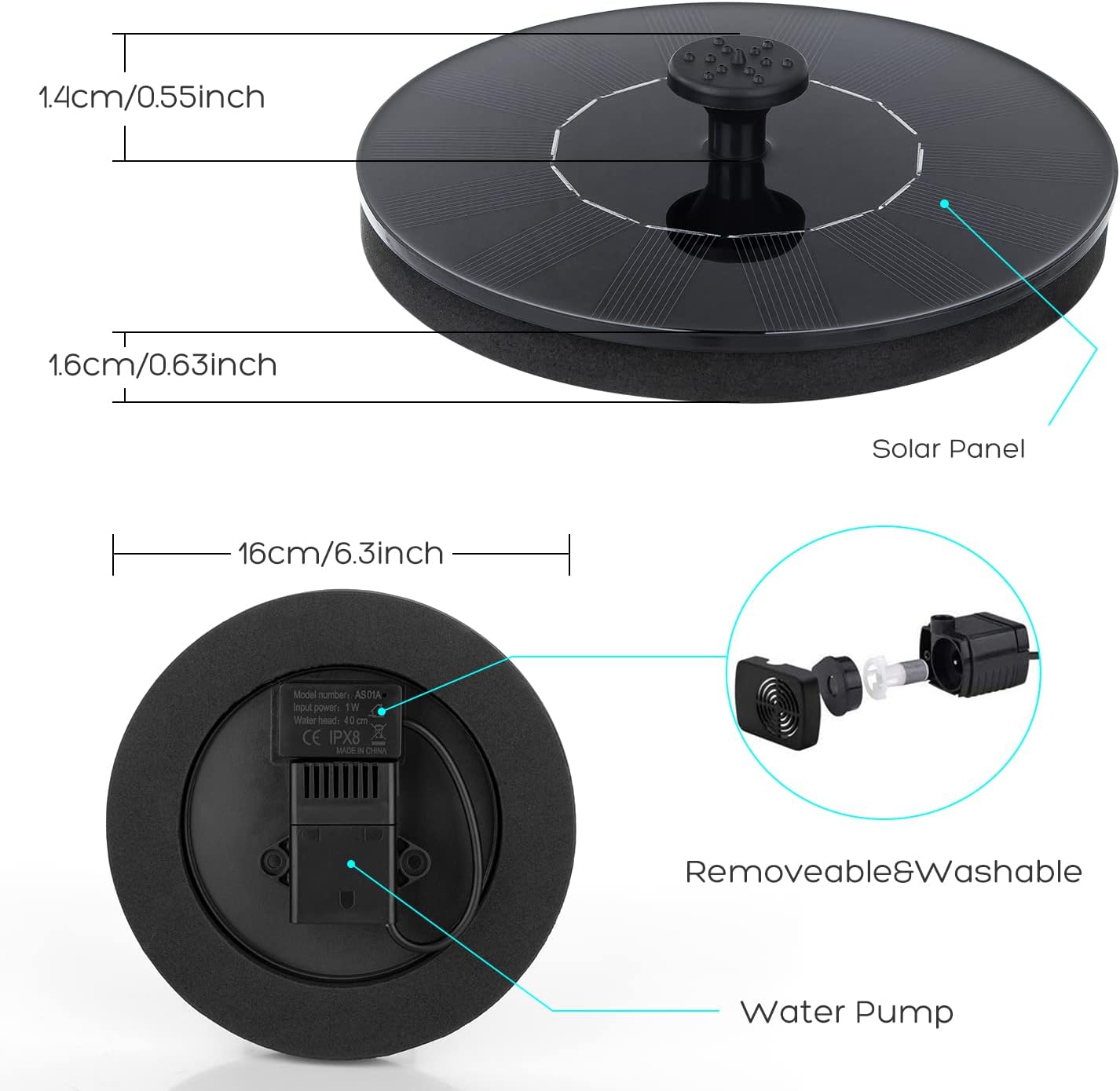 Mademax 1W Solar Bird Bath Fountain Pump, Solar Fountain, Free Standing Floating Solar Powered Water Fountain Pump for Bird Bath, Garden, Pond, Pool