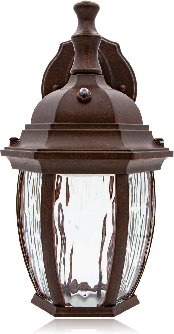 Maxxima LED Brown Outdoor Wall Light, 580 Lumens 3000K, Dusk to Dawn Sensor | Clear Water Glass, Warm White, Photocell Sensor, Exterior Patio or Porch Sconce Fixture