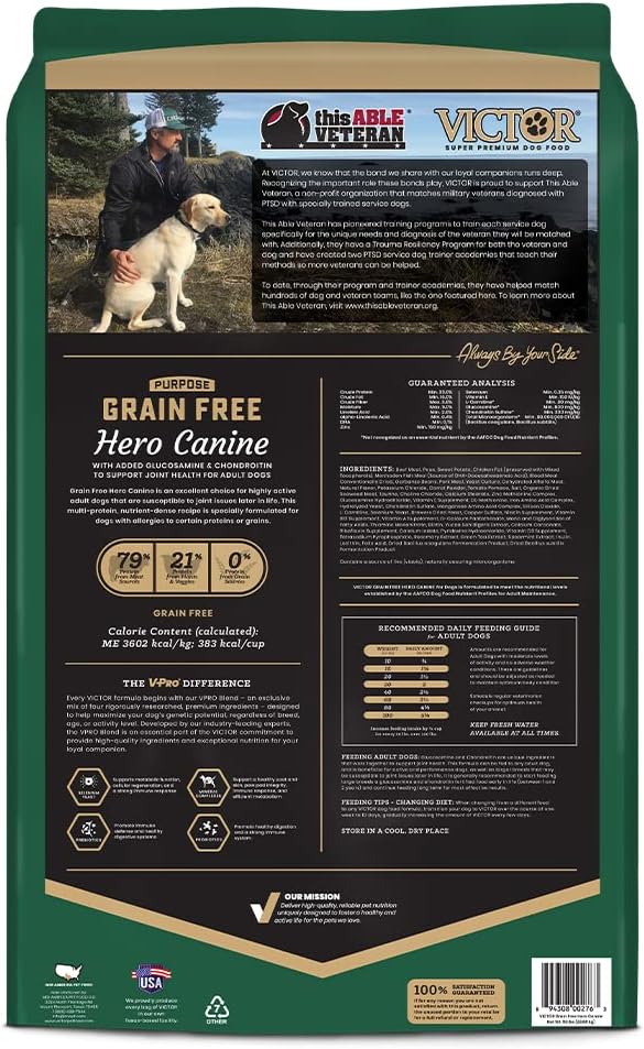 VICTOR Purpose Grain Free Hero Canine Dry Kibble - Active Adult Dogs, 30 lb | Super Premium Dog Food, Gluten Free, High protein With Glucosamine and Chondroitin, Supports Hip and Joint Health, 30lbs