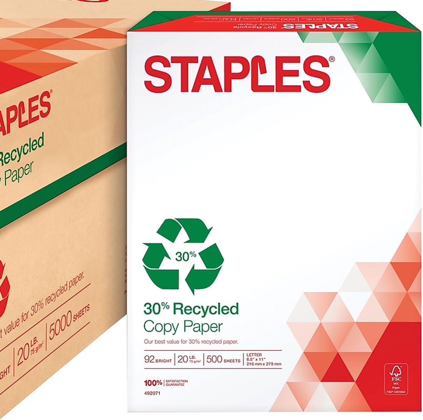 Staples 30% Recycled 8.5-Inch X 11-Inch Copy Paper 20 Lbs 92 Brightness 500/Ream, For Office, School & Home