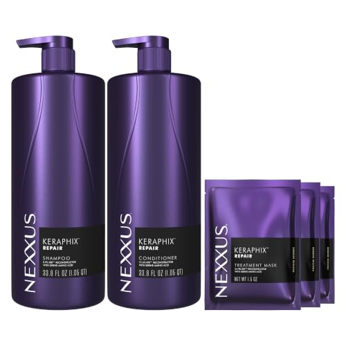 Nexxus Keraphix Shampoo and Conditioner - Damaged Hair Treatment System with Keratin Protein and Black Rice, 2 Count & 3 Repair Masks Treatment