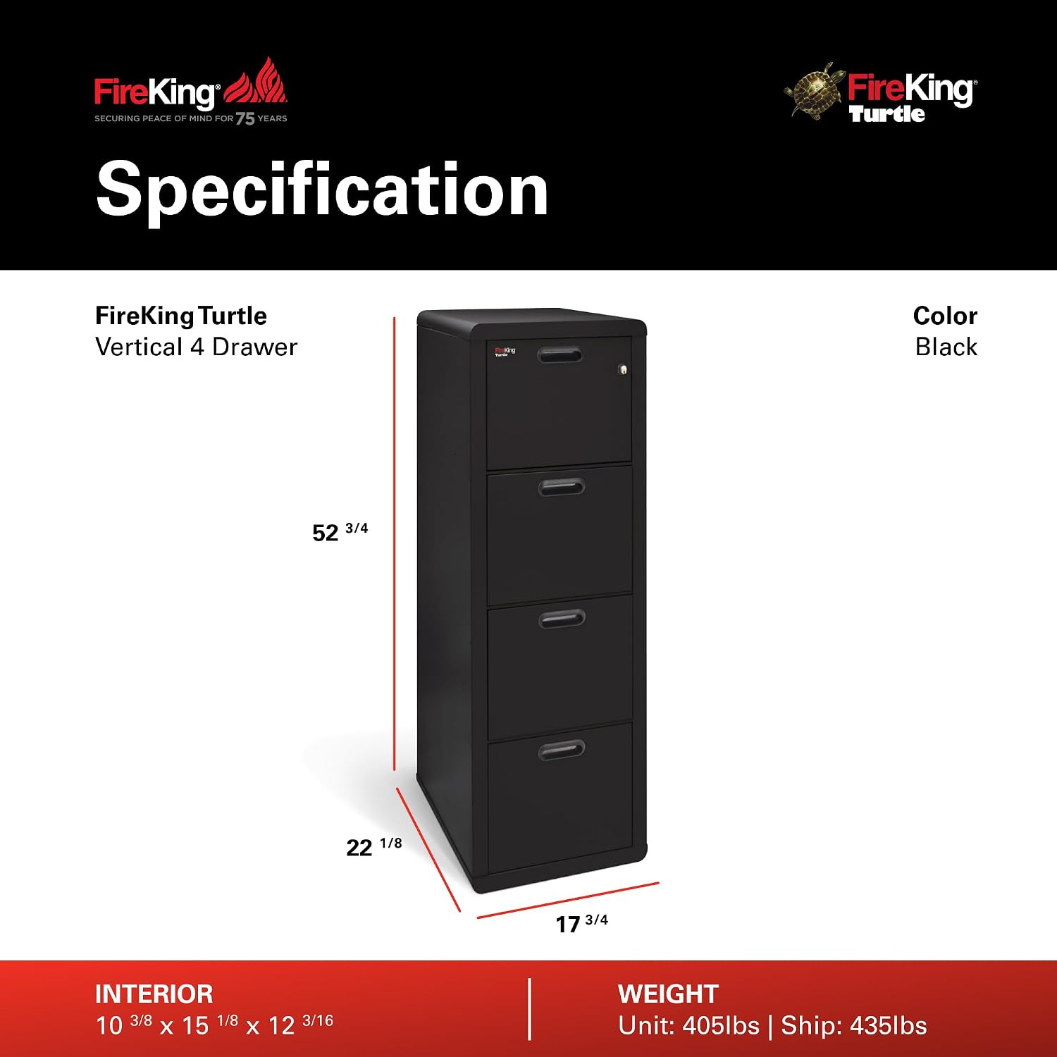 FireKing Turtle Vertical 2 Drawer Fire Rated File Cabinet, Black | 1 Hour Fire Rated Filing Cabinet - UL Class 350 - Water Resistant - Key Lock - Made in USA