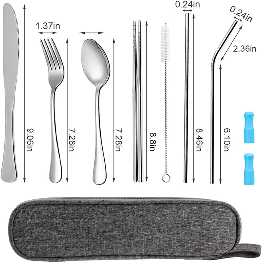Travel Utensils Set with Case Reusable Portable Cutlery Set Stainless Steel 8pcs Including Dinner Knife Fork Spoon Chopsticks Straws(Rainbow)