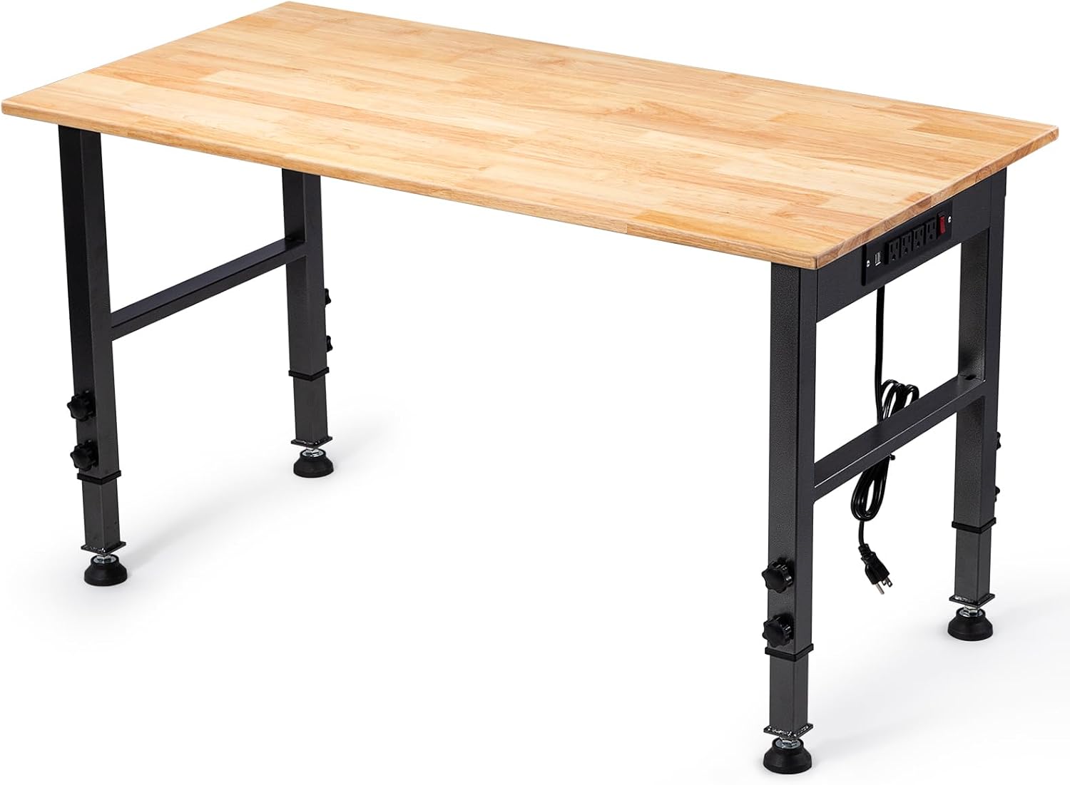 48" Adjustable Workbench, Work Table with Wheels and Power Outlet | 2000LBS Load Capacity Rubber Wood Top Workstation, Heavy-Duty Craft Table for Garage Workshop