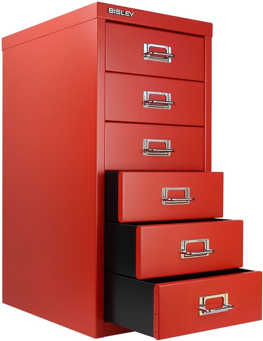 5-Drawer Steel MultiDrawer Cabinet - Orange, by Bisley | Chrome Pull Handles with Label Holders, Powder-Coated Steel, Removable Drawers, Desktop Storage, Labels Included