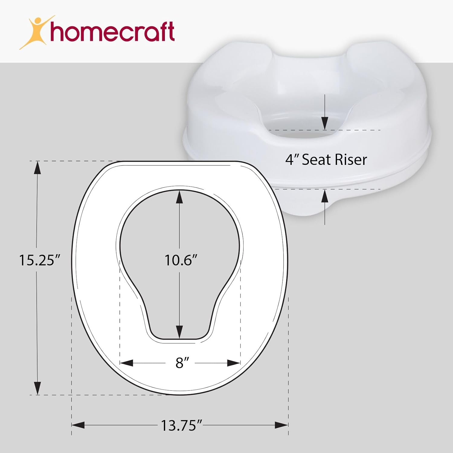 Homecraft Savanah Raised Toilet Seat, 4" High Elevated Toilet Seat Locks Onto Standard Toilets, Portable Assistance Commode Seat with Sturdy Brackets