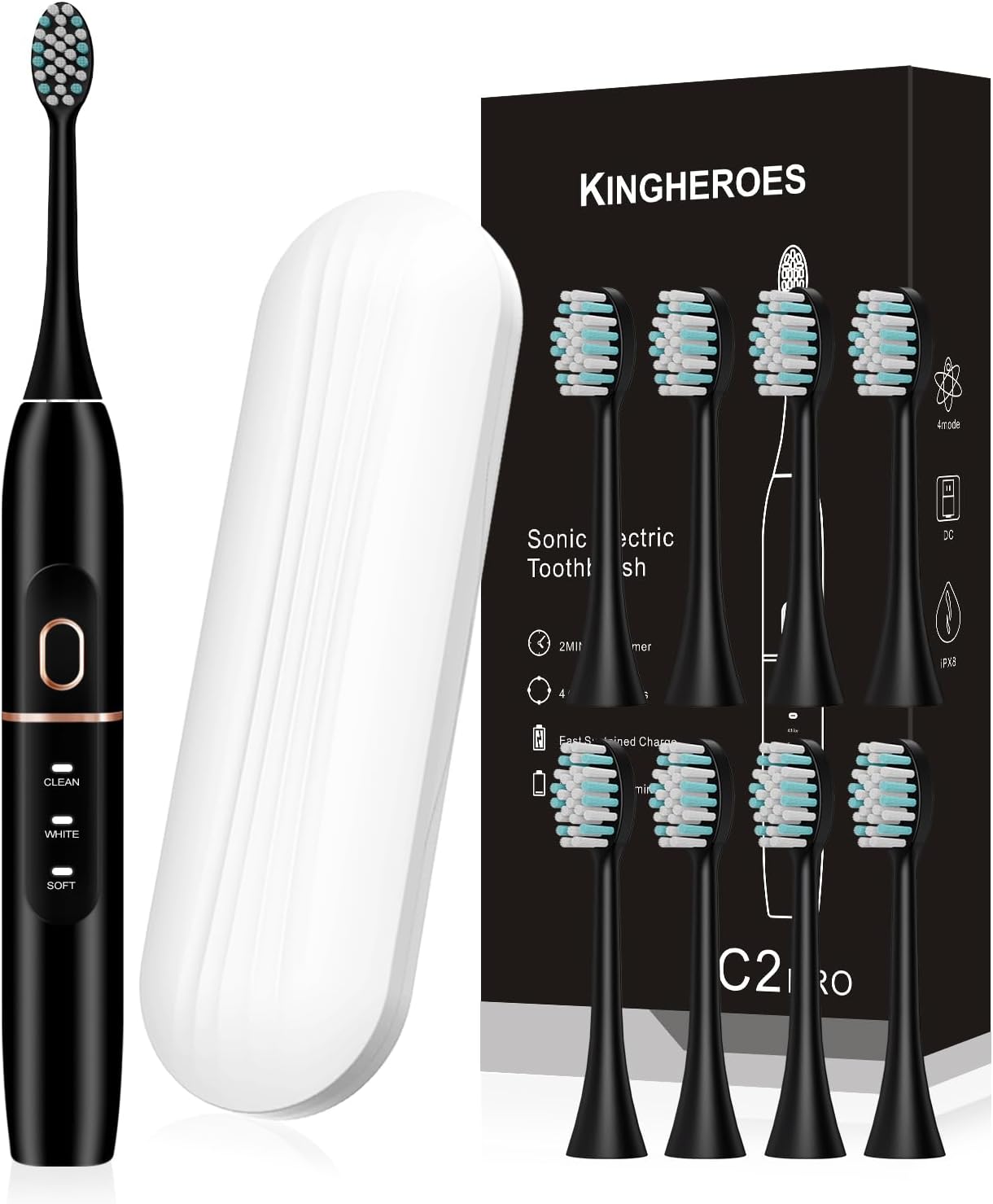 kingheroes Electric Toothbrush Set, Comes with 8 Brush Heads & Travel Case, 4 Modes with 2 Minutes Built in Smart Timer, One Charge for 60 Days