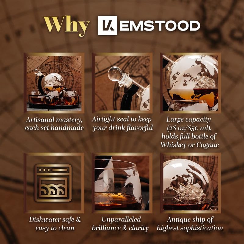 Kemstood Whiskey Decanter Sets for Men - Etched World Globe Design with Wood Stand & 2 Glass - Ideal for Dignified Drinking, Home Decor - Unique Whiskey Gifts for Men - 28 oz / 850 ml Capacity