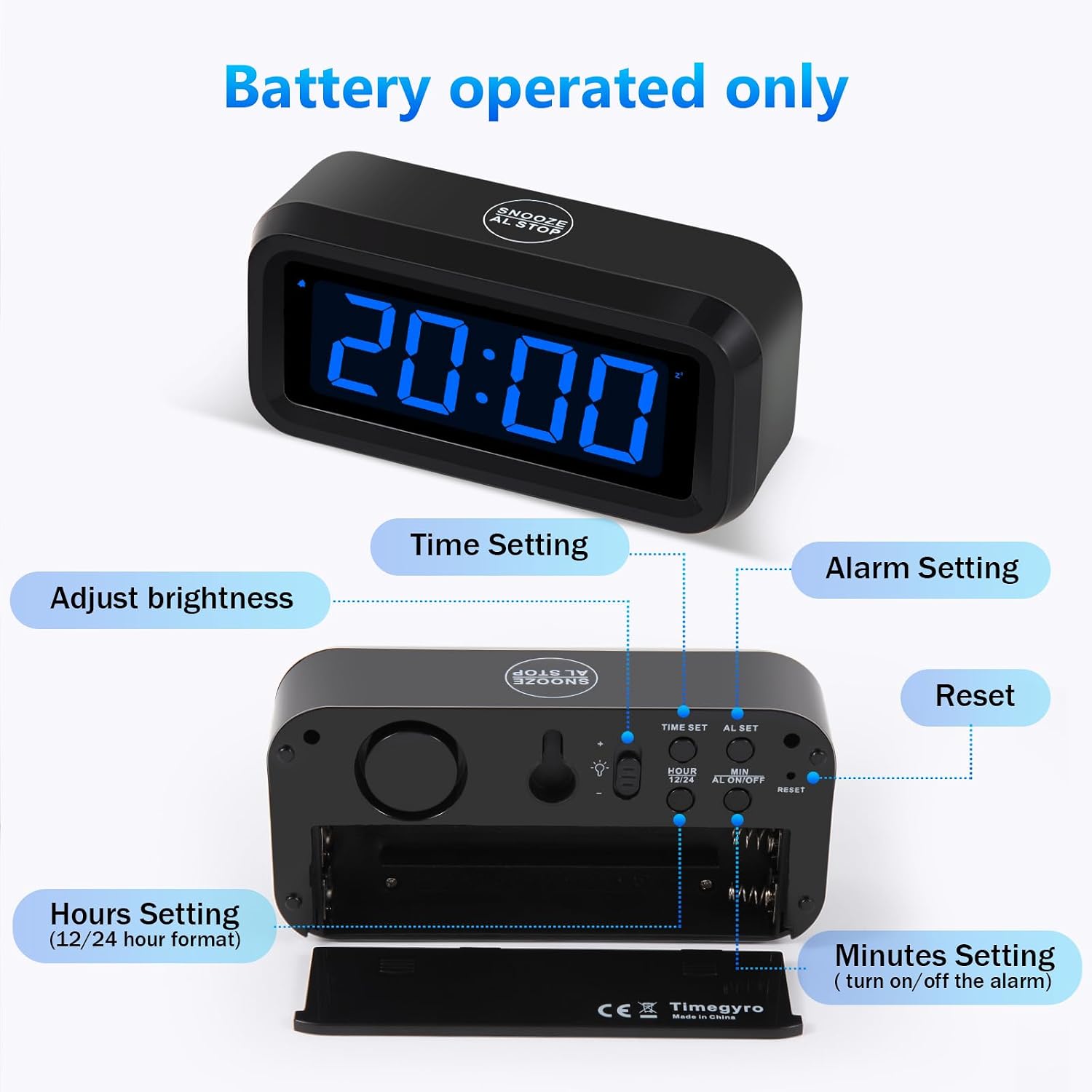 Digital Alarm Clock Battery Operated with LED Display for Bedrooms, Long Battery Life for 12 Months, 3 Brightness Adjustable, 12/24 Hour, Snooze, Black Case with Red Digits