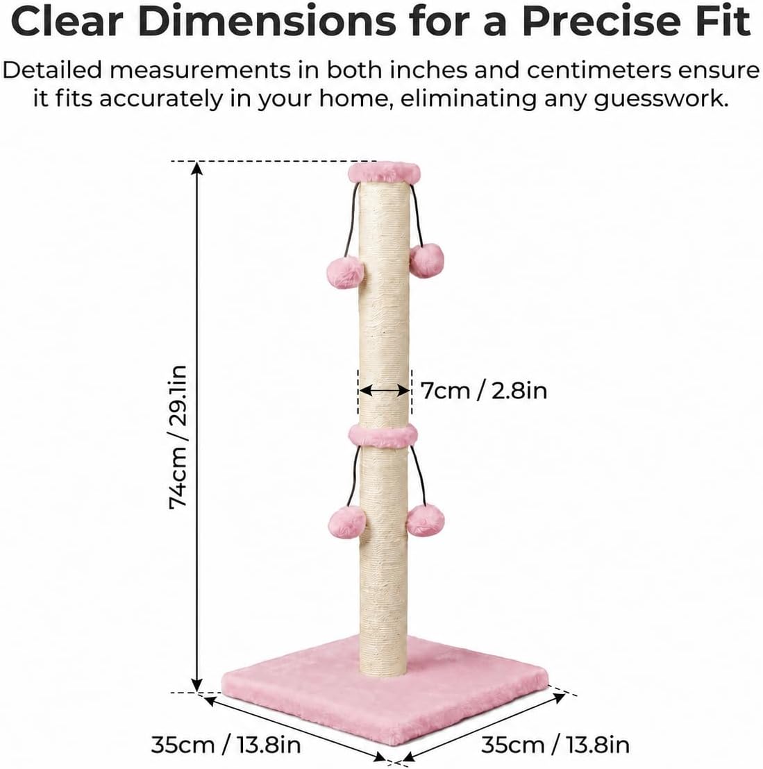 Dimaka 29'' Cat Scratching Post, Natural Sisal Rope Scratcher Post, Kitten Claw Scratch with 4 DanglingToy Balls for Large Cats (Grey)