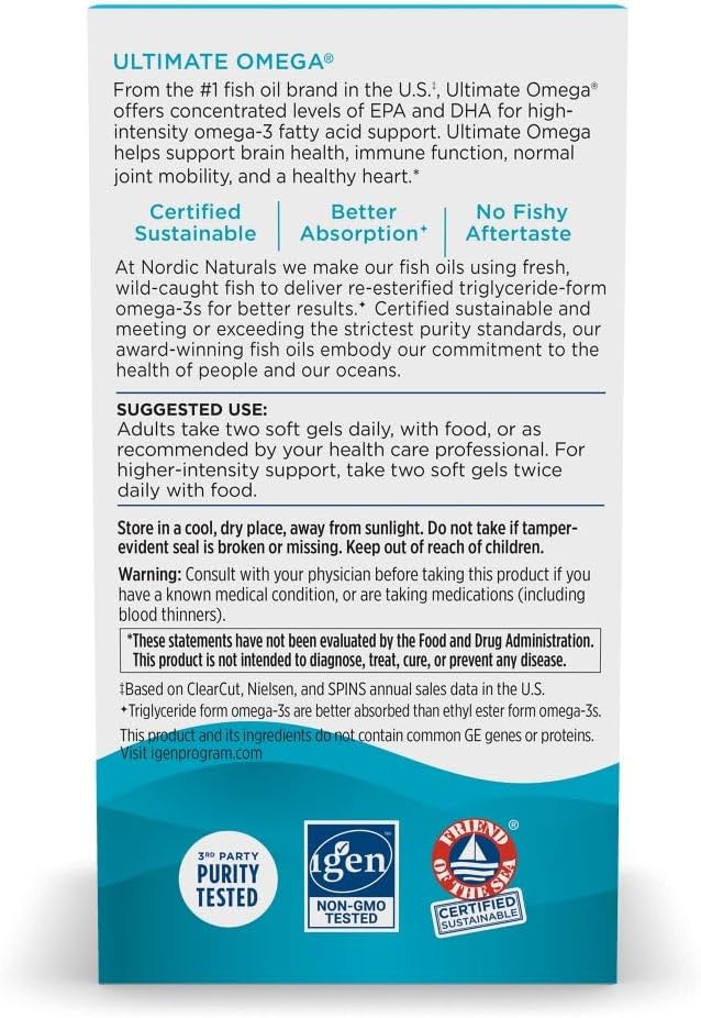 Nordic Naturals Ultimate Omega, 1280mg Omega-3 Fish Oil, Lemon - 60 Count | High-potency Omega-3 Fish Oil with EPA & DHA supports brain & heart health. Non-GMO, burpless formula. 30 servings.