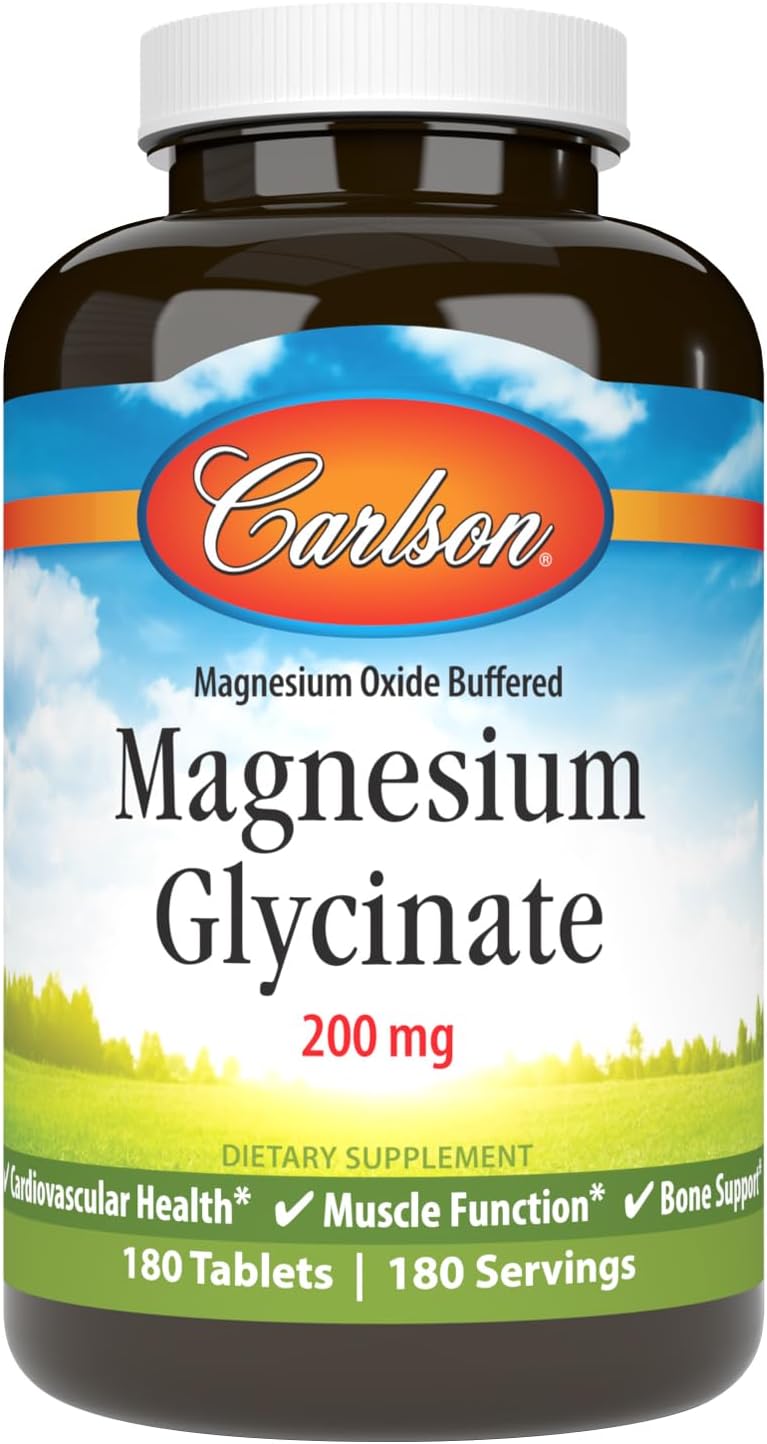 Carlson Chelated Magnesium Glycinate, 200 mg, Muscle Function, 180 Tablets | Superior Absorption; Bone Support