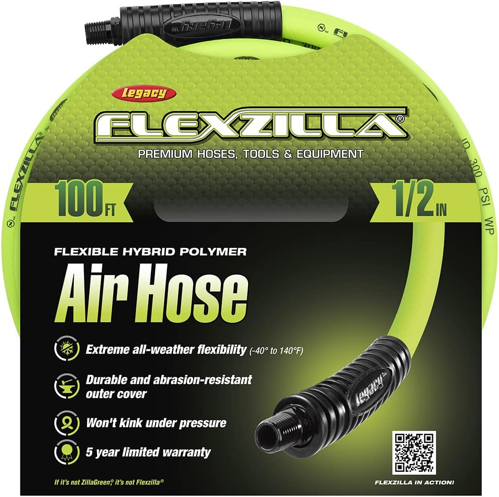 Flexzilla Air Hose, 3/8 in. x 50 ft., 3/8 in. MNPT Fittings, Heavy Duty, Lightweight, Hybrid, ZillaGreen - HFZ3850YW3