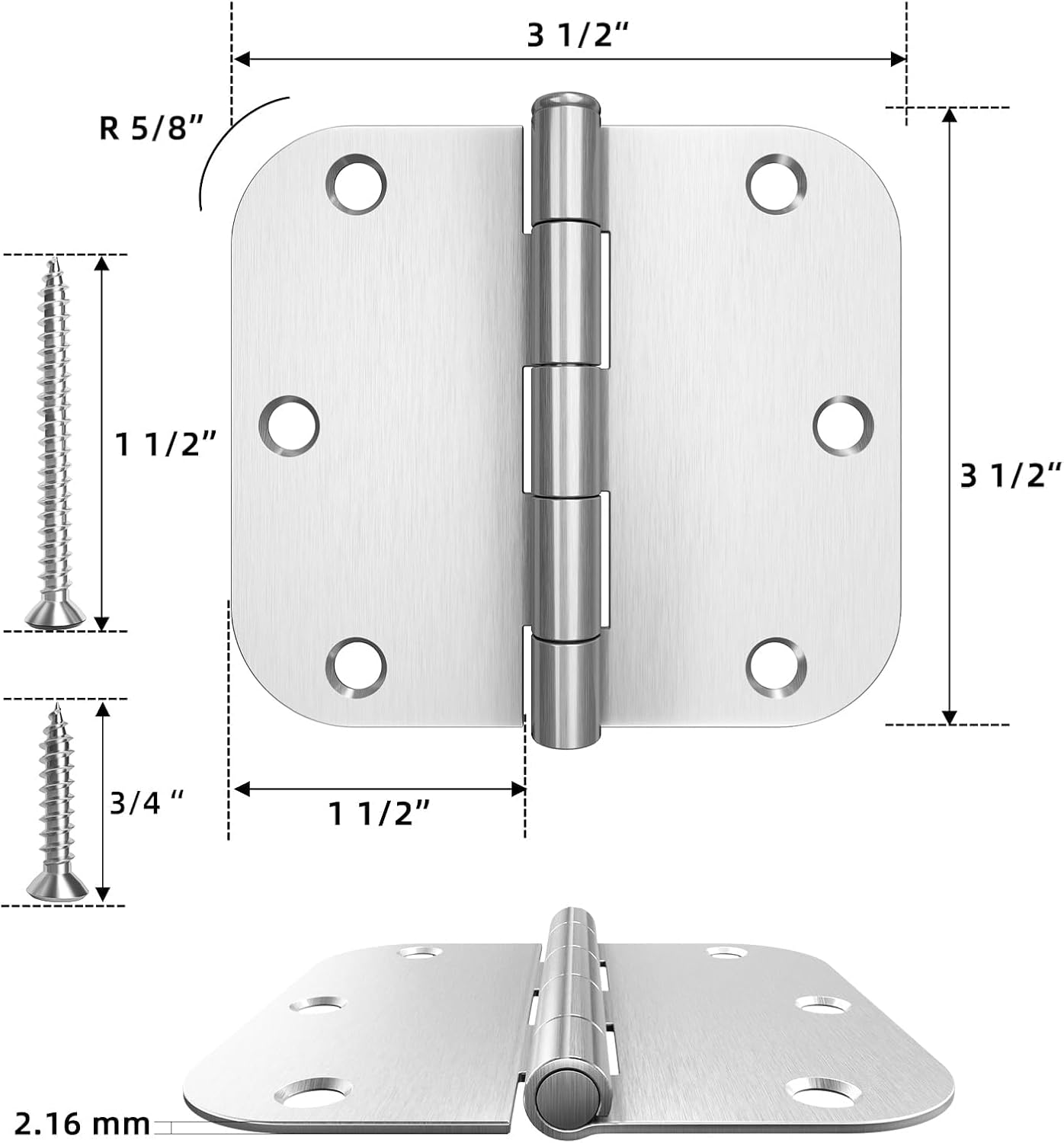 HOSOM 18 Pack 3.5 Inch Brushed Nickel Interior Door Hinges, 5/8 Radius, Satin Nickel 3 1/2 Interior Door Hinges, 3.5 "x 3.5" Silver Hardware