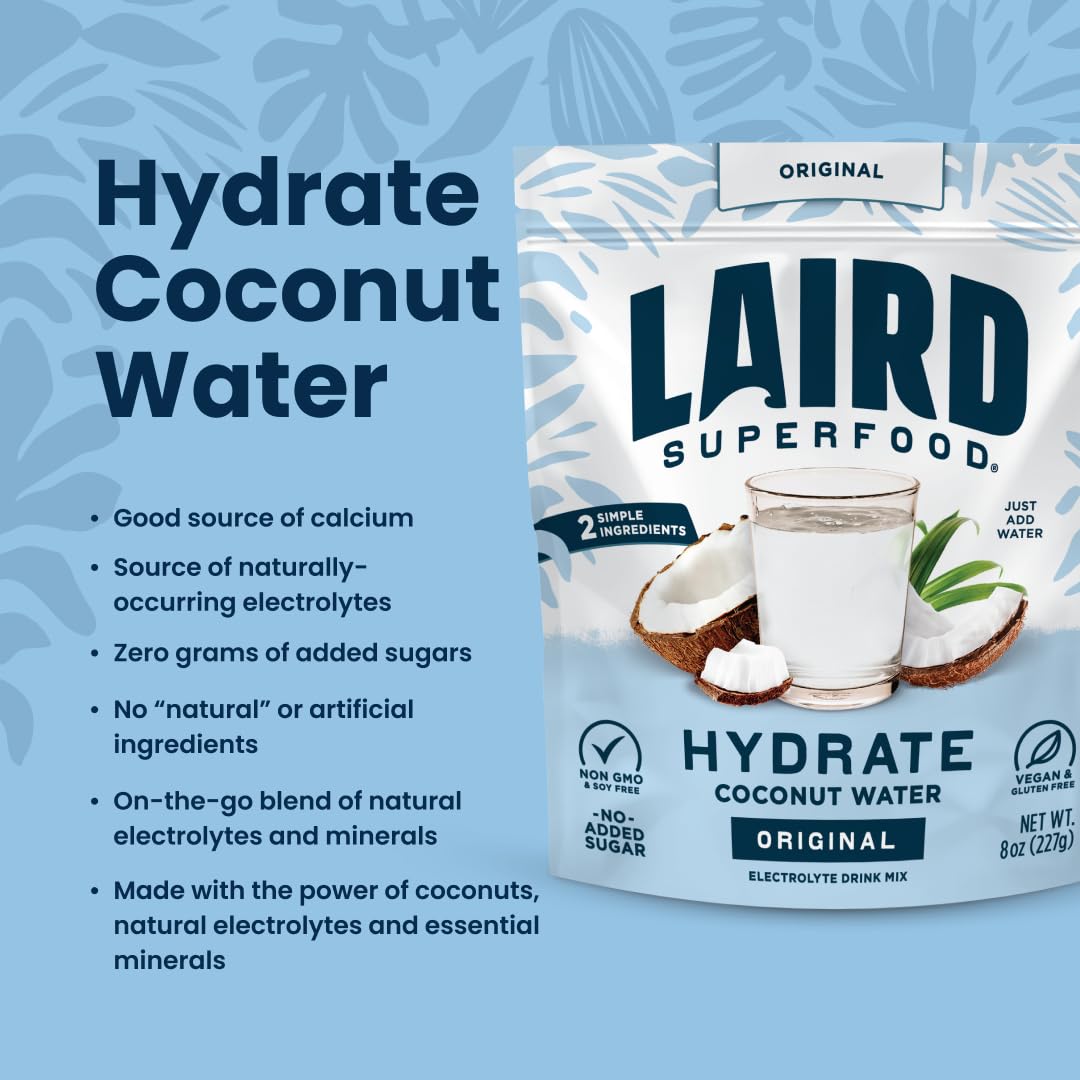 Laird Superfood HYDRATE Coconut Water Powder Drink Supplement with Coconut Water and Auqamin, All Natural, No Added Sugars, Gluten-Free, Non-GMO, Vegan, 8 oz. Bag, Pack of 1