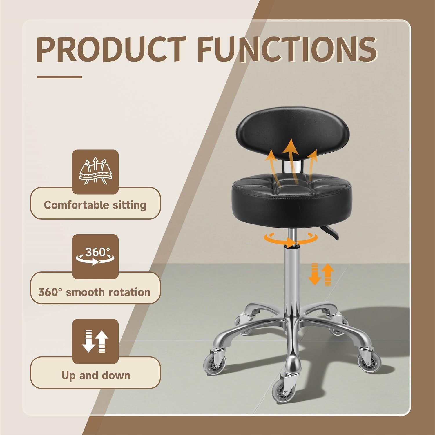 Kaleurrier Rolling Stool with Back Rest: Swivel Chair Adjustable Height