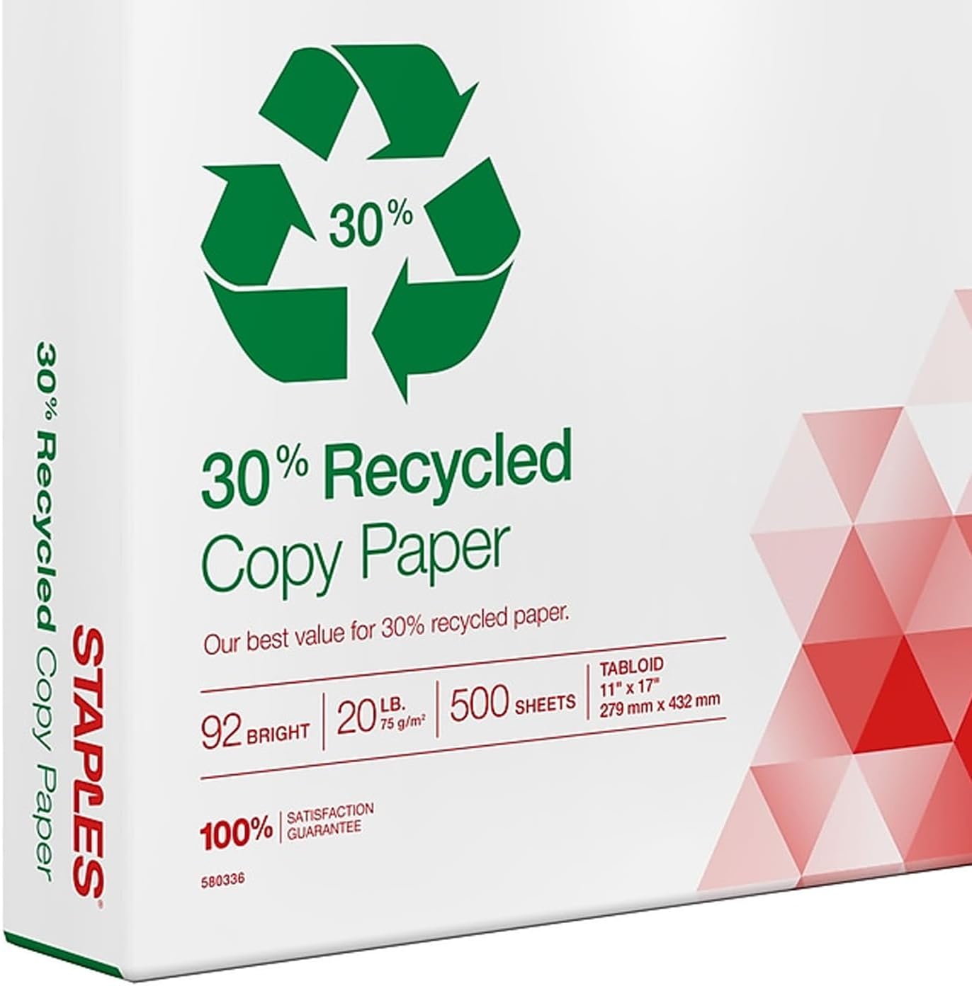 Staples 30% Recycled 8.5-Inch X 11-Inch Copy Paper 20 Lbs 92 Brightness 500/Ream, For Office, School & Home