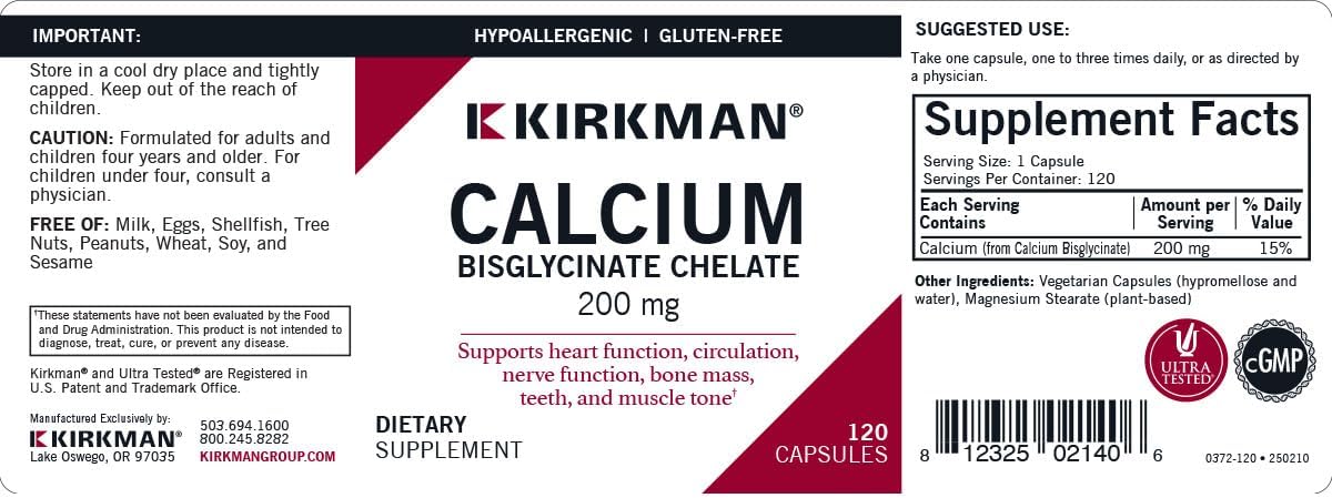 Kirkman - Calcium Bisglycinate Chelate 200mg - 120 Capsules - Without Vitamin D3 - Helps Maintain Strong Bones - Hypoallergenic