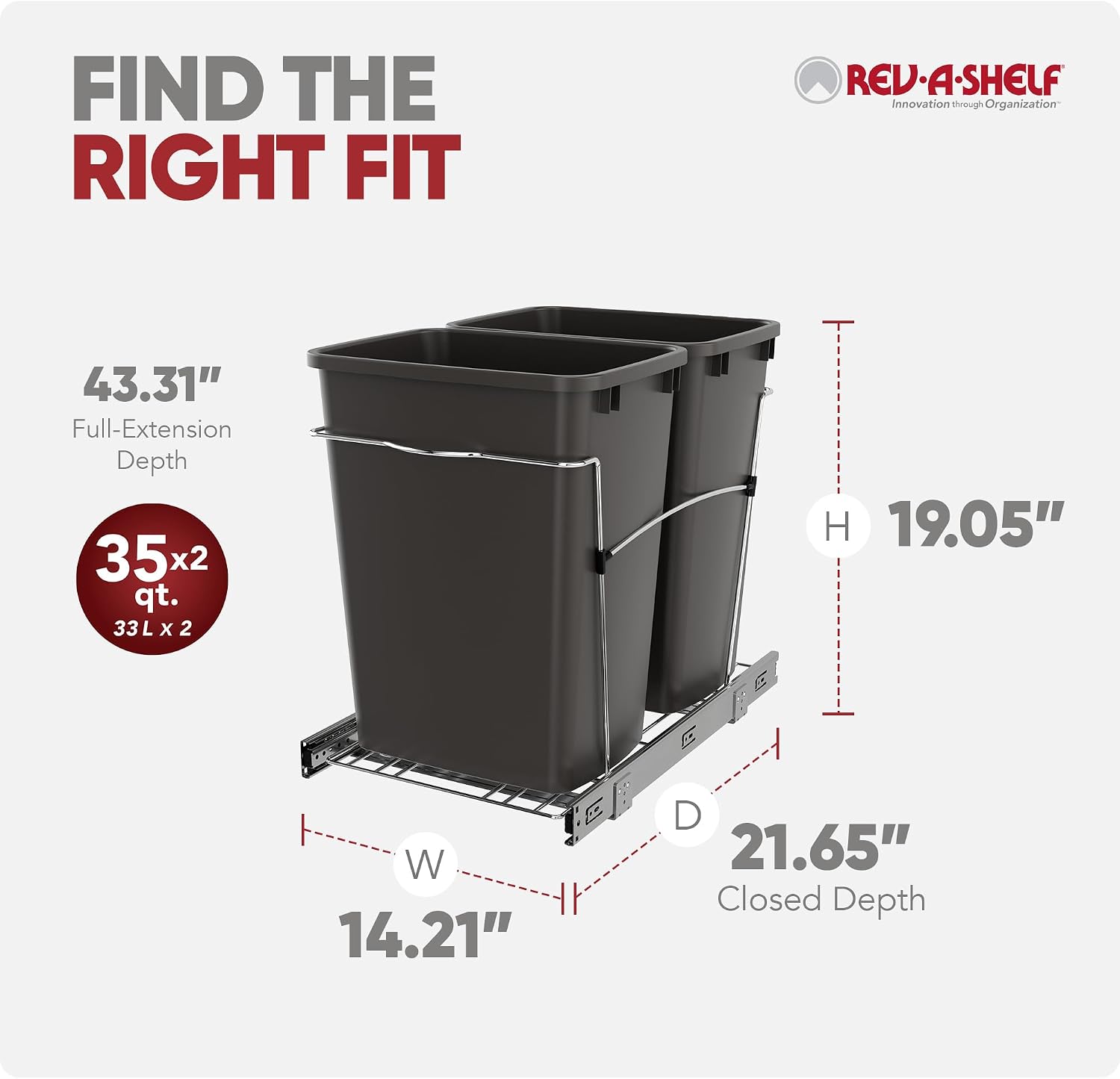 Rev-A-Shelf Double Pullout Garbage Trash Cans for Kitchen Cabinets, 35 Qt