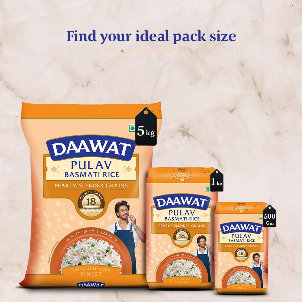 Daawat Pulav Basmati Rice | Naturally Aged Long & Slender Grains | Fluffy Non-Sticky Texture | Perfect for Pulav & Everyday Meals, 1 kg (2.2 lb)