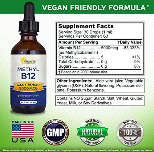 aSquared Nutrition Vitamin B12 Sublingual Liquid Drops - 5000 MCG Supplement with Methylcobalamin (Methyl B-12) - Max Absorption B 12 to Increase