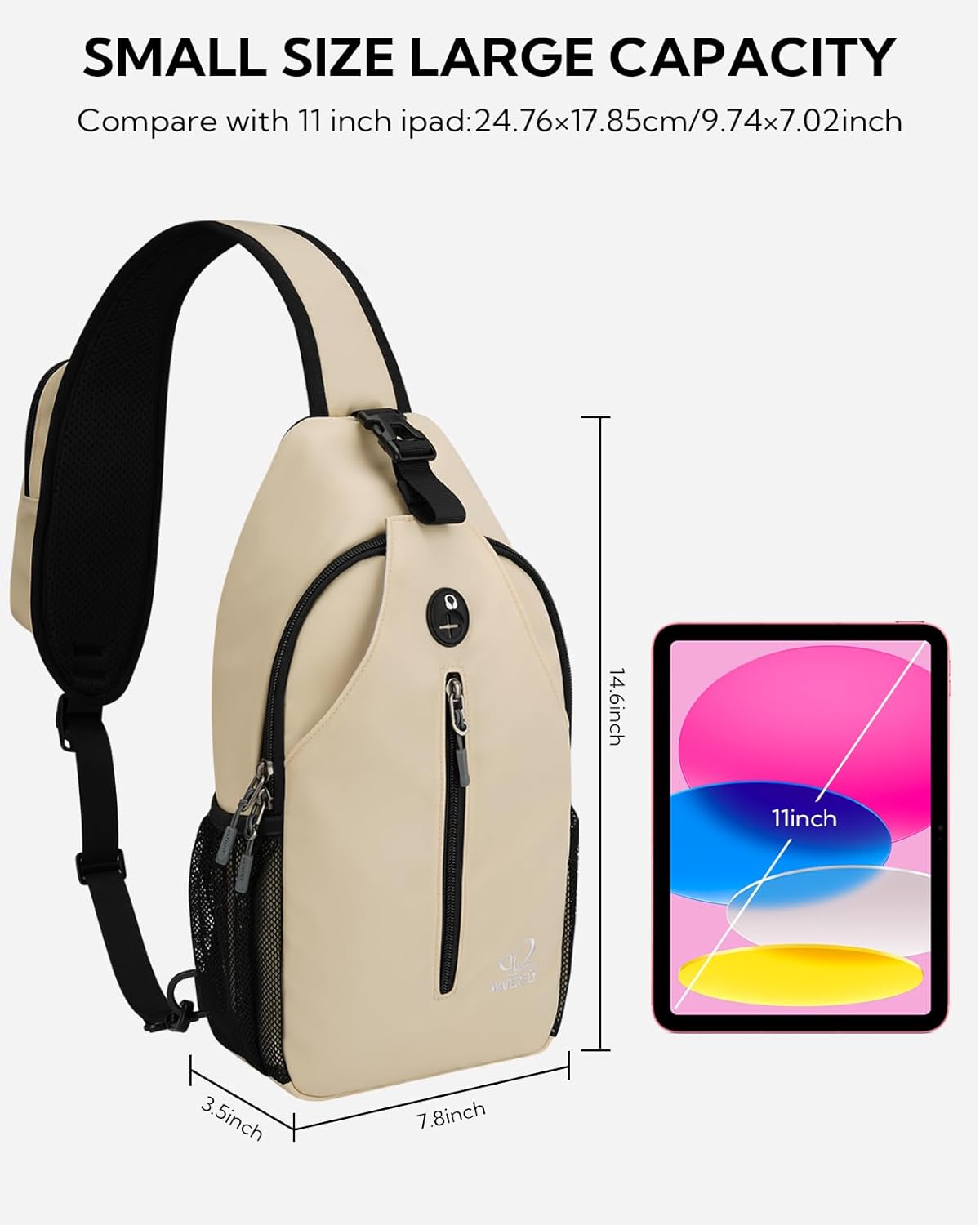 WATERFLY Crossbody Sling Backpack Sling Bag Travel Hiking Chest Bag Daypack (Black) | Small Hiking bag,Multi-compartment storage,Water-resistant,Breathable back pad,Reversible adjustable shoulder strap