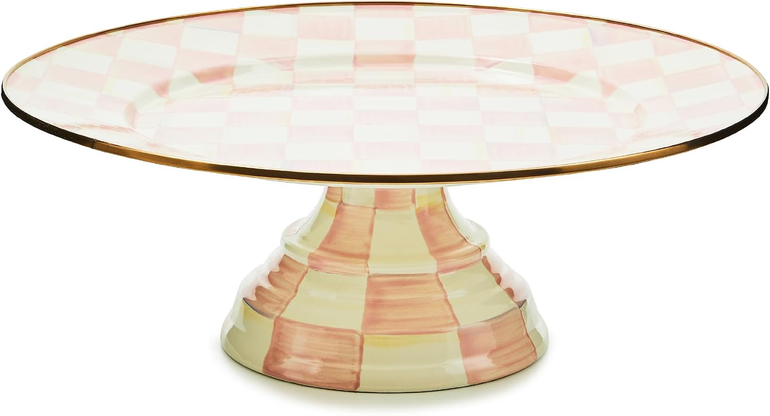 MACKENZIE-CHILDS Pedestal Platter, Mini, Black-and-White Courtly Check | Hand-painted design, made from enameled steel, stackable round cake stand for serving desserts, 8" dia. x 3" H