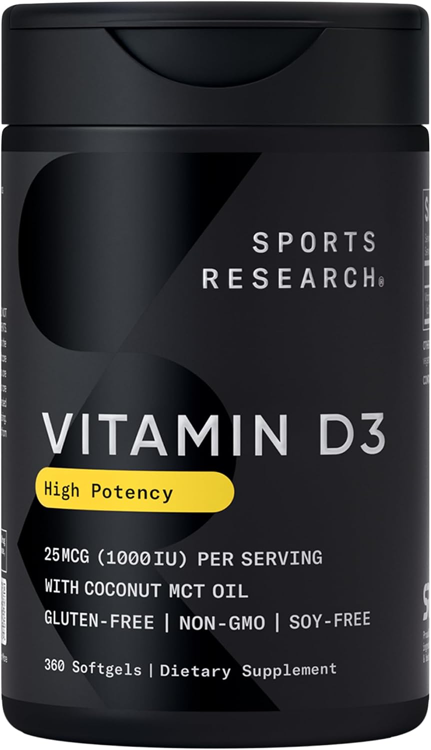 Sports Research® Vitamin D3 5000iu/125mcg with Coconut Oil, 360 Softgels | Extra Strength Vitamin D Supplement | Immune, Bone, Mood Support | Non-GMO, Soy Free - 360 Servings