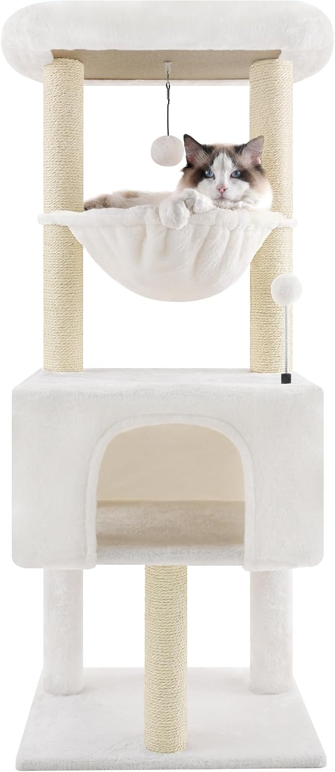 32" Cat Tree for Indoor Cats, 2-in-1 Cat House with Sisal Scratching Post & Ramp, 2-Level Cat Tower with Rotatable Feather & Ball Toys, Stable Grey Cat Condo for Small/Medium Cats, Grey