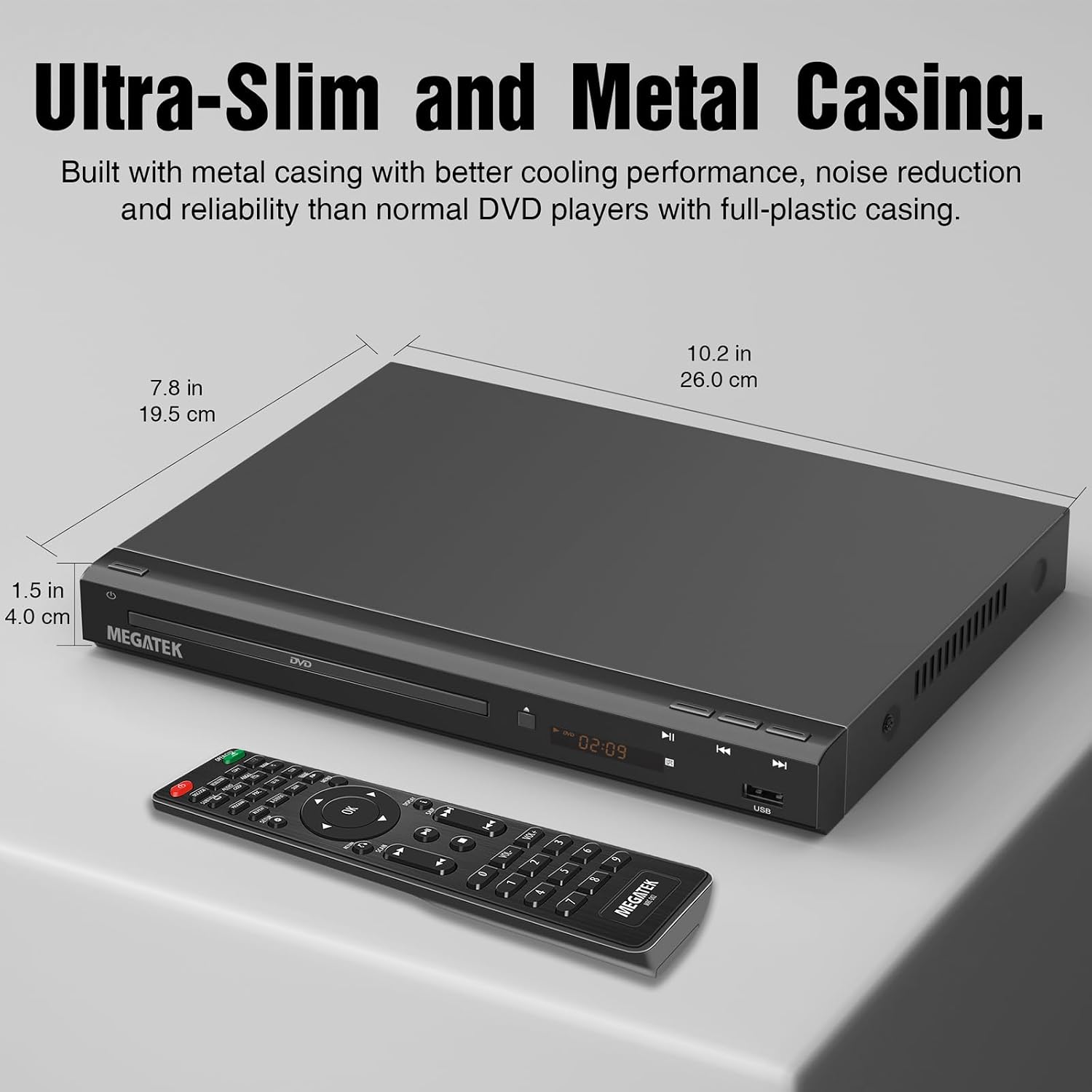MEGATEK Region-Free DVD Player for TV with HDMI & 1080P Upscaling | CD/DVD/USB Playback, Compact Metal Housing, Coaxial Audio, LED Display