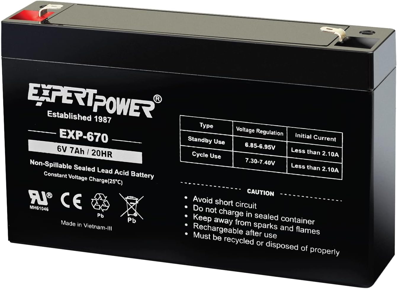 ExpertPower EXP670-6V 7Ah Rechargeable 6V Battery for Ride On Toys, Emergency Light, Replacement for PEA6V65F3, Enduring 3FM7, UB670 Sealed Lead Acid (SLA) 6 Volt Battery with F1 Terminal