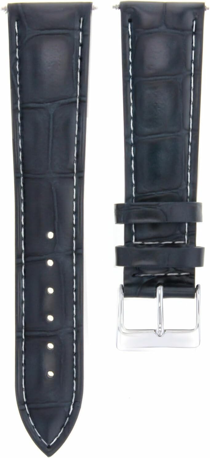 Ewatchparts 18mm Dark Blue Leather Replacement Watch Strap White Stitching Silver Buckle Compatible With Invicta Russian Pro Diver