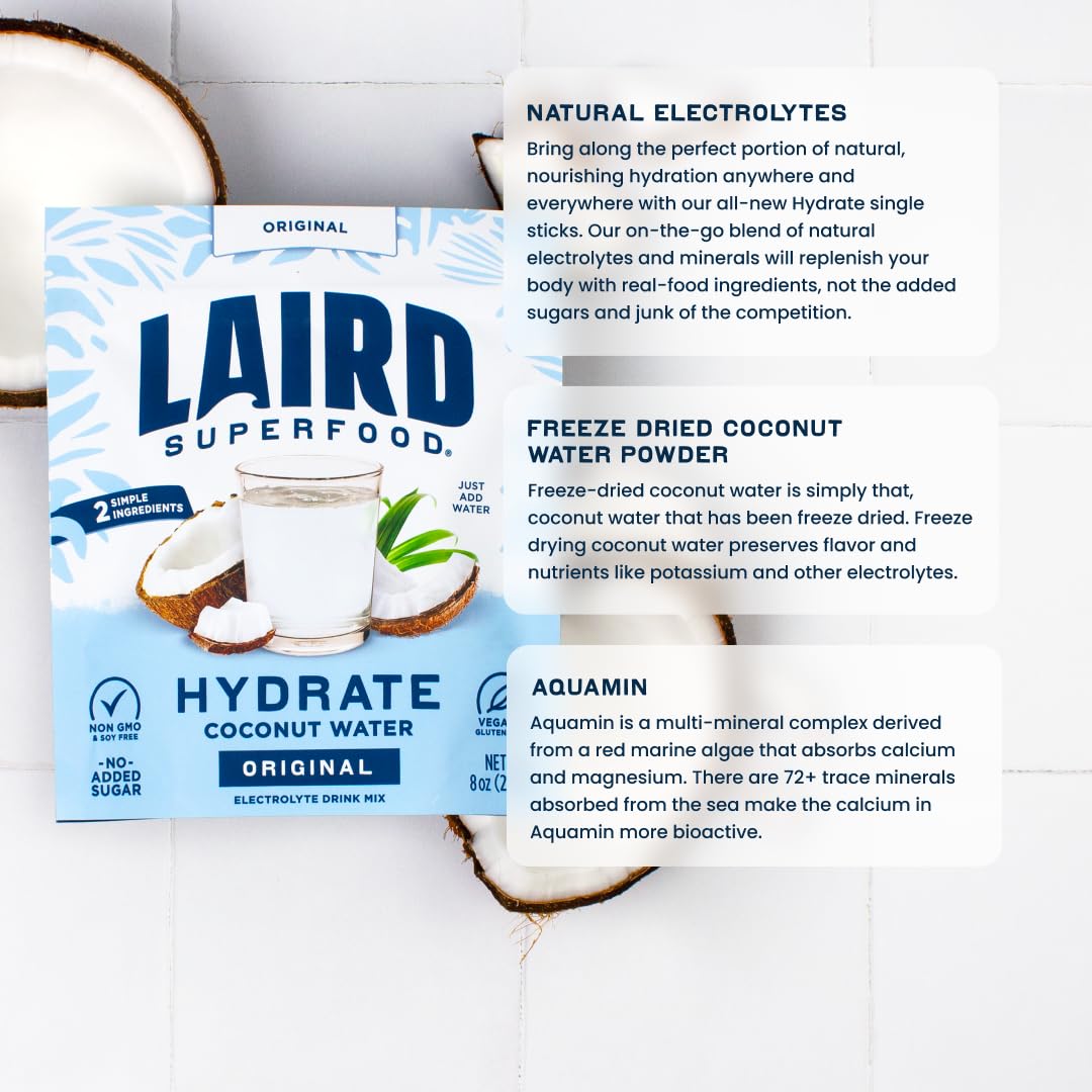 Laird Superfood HYDRATE Coconut Water Powder Drink Supplement with Coconut Water and Auqamin, All Natural, No Added Sugars, Gluten-Free, Non-GMO, Vegan, 8 oz. Bag, Pack of 1
