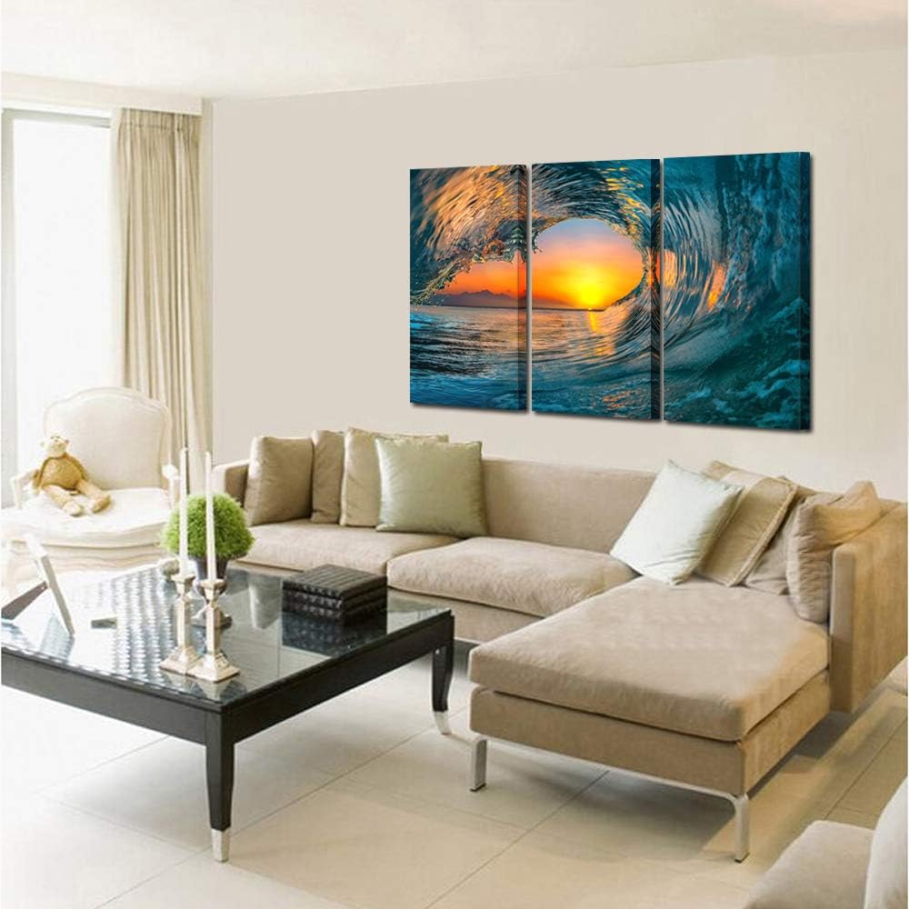 KREATIVE ARTS Large 3 Pieces Canvas Prints Wall Art Sunset Sea Water Ocean | Wave Pictures Paintings Modern Stretched and Framed Seascape Giclee