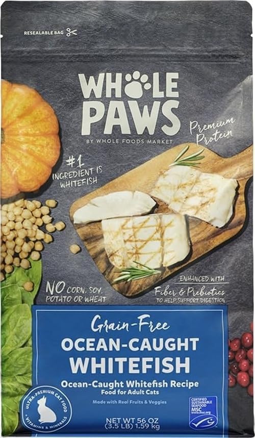 Whole Paws, Grain-Free Dry Adult Cat Food, Ocean-Caught Whitefish Recipe, Made with Real Fruits & Vegetables, 3.5 lb