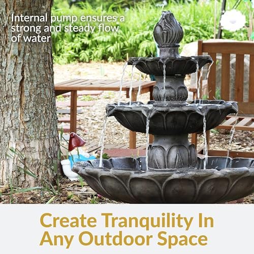 Sunnydaze Classic Tulip 46 in. 3-Tiered Outdoor Water Fountain - Dark Brown | Polystone Construction - 4-Gallon Water Capacity - Includes Electric
