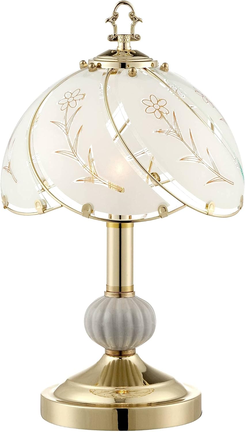 Polished Brass Flower Petal 15" Small Table Lamp Gold Touch 4-Way Glass Off | Etched Shade Art Traditional Cottage Floral Bedroom House Bedside Nightstand Home Office Living Room