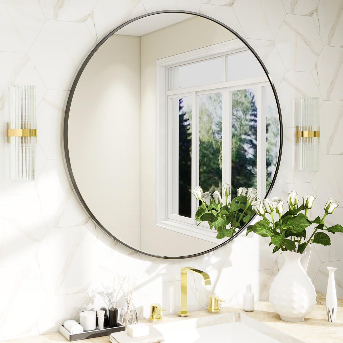 BEAUTYPEAK 24 Inch Round Mirror, Metal Frame Circle Mirror, White