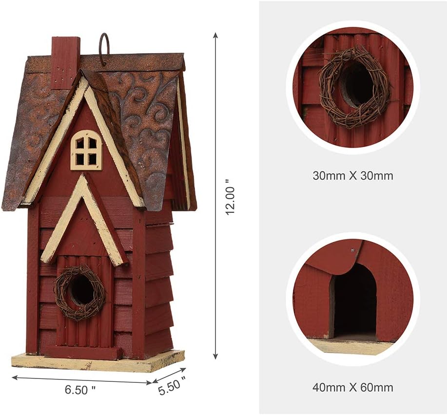 Glitzhome 12" H Green Hanging Distressed Solid Wood Garden Bird House Decorative Birdhouse