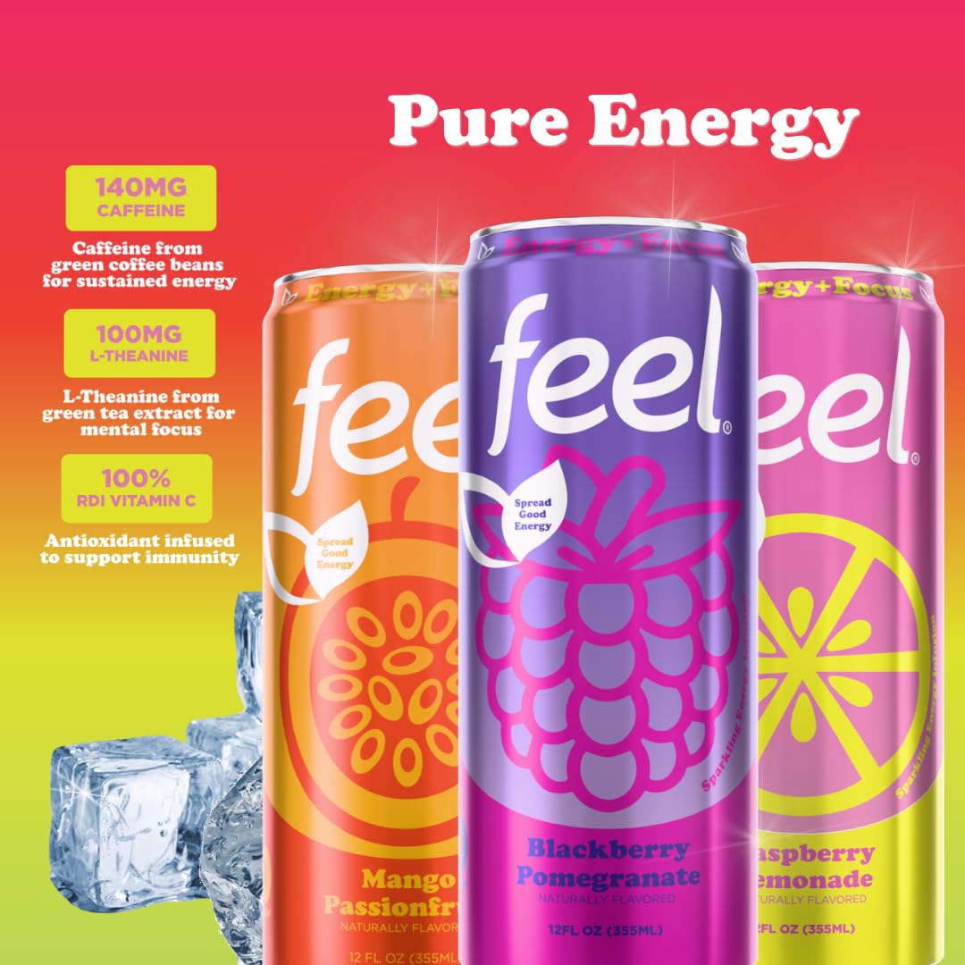 FEEL Variety Pack – Zero Sugar Sparkling Energy Drink – 3 Flavor Assortment, 140mg Plant-Based Caffeine from Green Coffee Beans + L-Theanine – Vitamin C, Vegan, Non-GMO – 12 Pack (12 Fl Oz Cans)