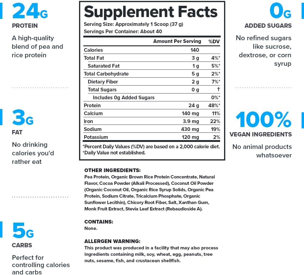 LEGION Plant+ Vegan Protein Powder, Chocolate - Rice and Pea, Plant Based Protein Blend. Gluten Free, GMO Free, Naturally Sweetened and Flavored, 20 Servings, (Chocolate)