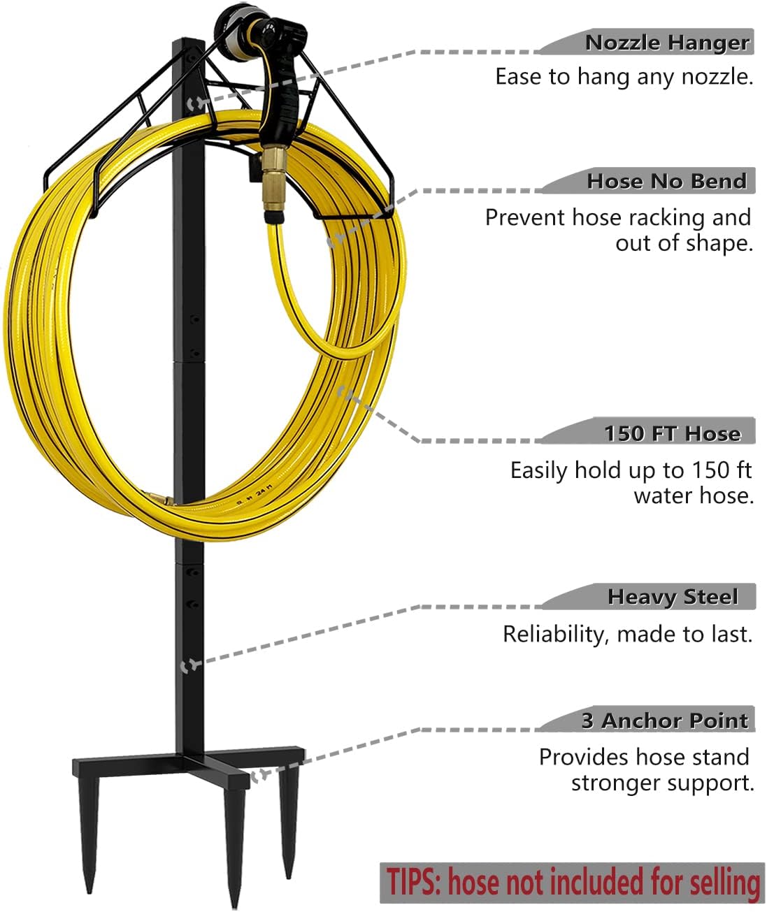 Artigarden Freestanding Garden Hose Holder Hanger, Heavy Duty Metal Water Hose Reel Storage Stand Rack for Yard Lawn, Bright Black (Hose not Included)
