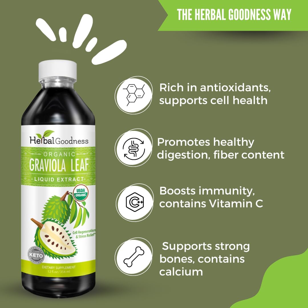 Herbal Goodness Soursop Graviola Liquid Drops Extract, Bitters 12Fl Oz | 15X Strength Organic Guanábana Hoja, Soursop Leaves Extract for Gut Health, Cell & Immune Support, Vegan, Non-GMO