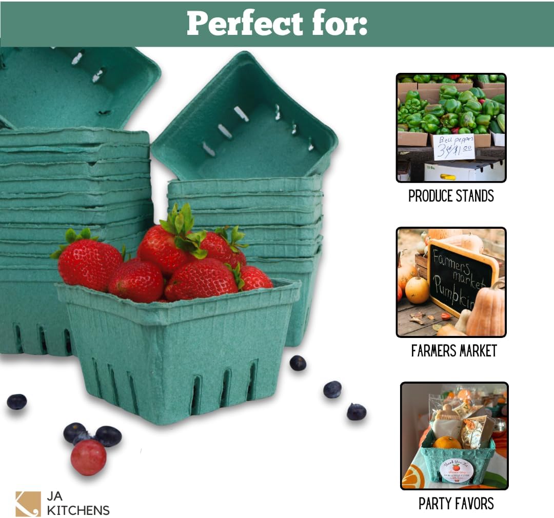 42 Pack QUART Green Molded Pulp Fiber Berry/Produce Vented Baskets for Fruit and Vegetable
