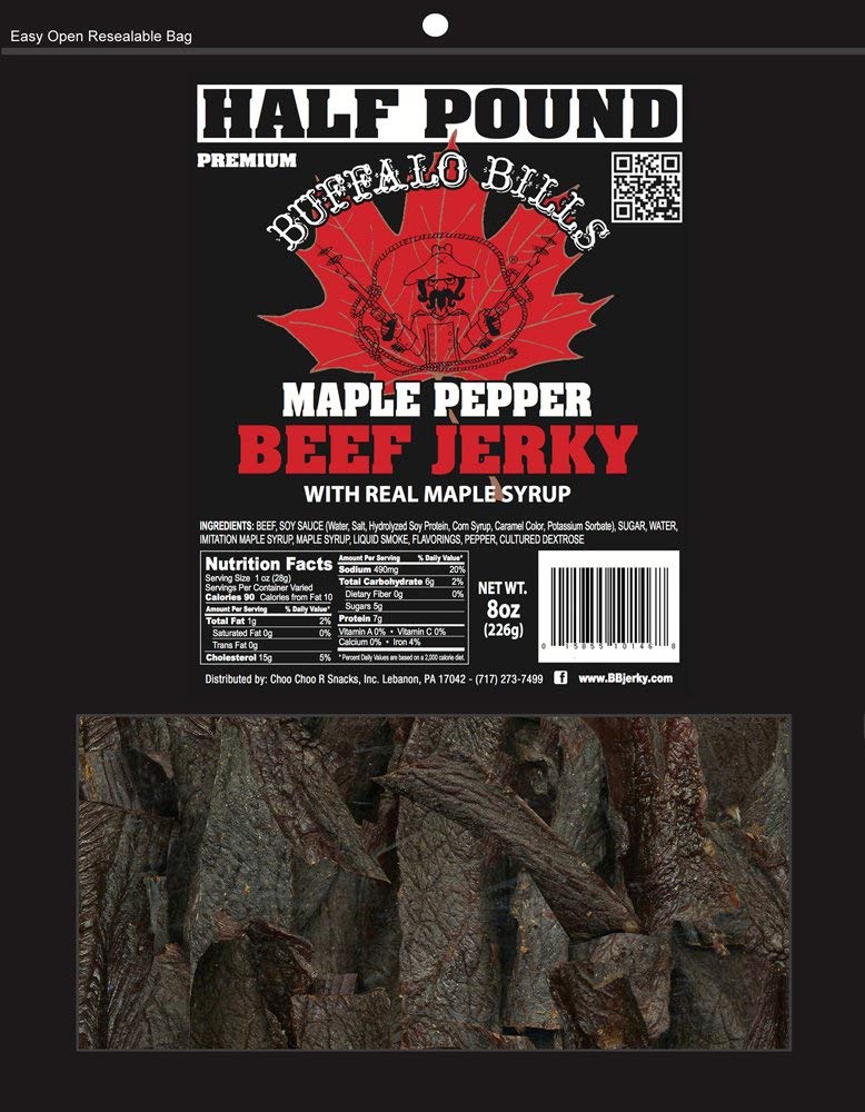 Buffalo Bills 16 Oz Premium Maple Beef Jerky Peppered Pieces in Random Size | Made In The USA, 100% US Beef, USDA Inspected, Whole Muscle Jerky, Real Maple Syrup & Fresh Cracked Black Pepper, Diet Snack