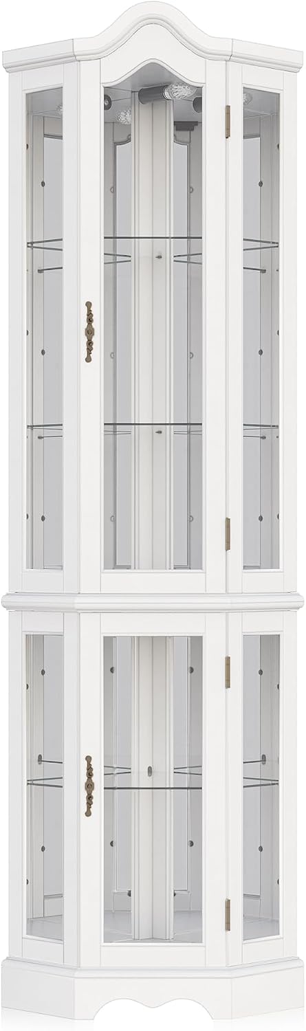BELLEZE Lighted Corner Display Curved Top Curio Cabinet Wooden Shelving Unit with Tempered Glass Door