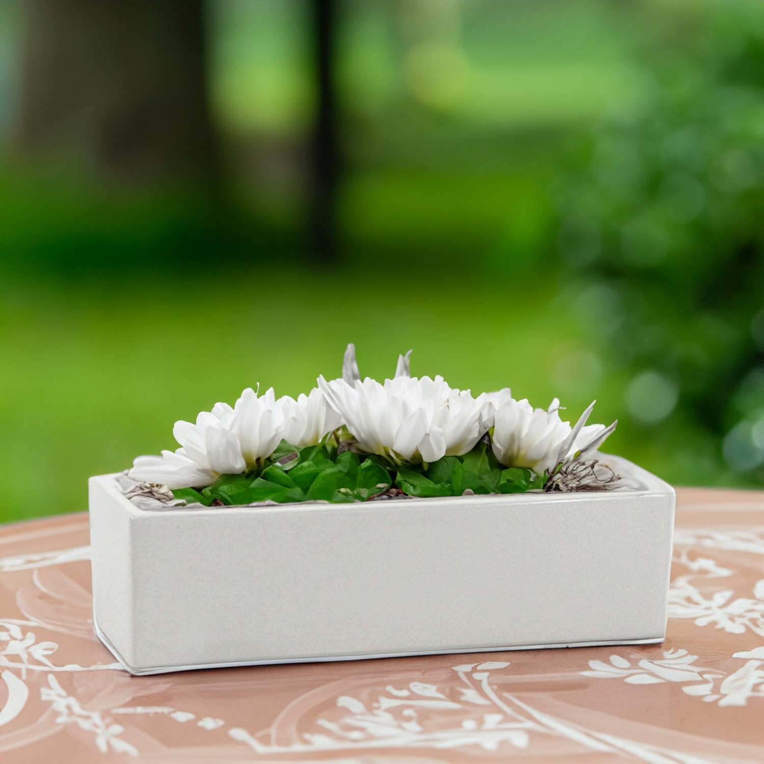 WGVI Long Rectangle Ceramic Planter Vase in White 14" x 4" x 4"H, Rectangular Box Block Terrarium Pot, Flower Arrangement, Tabletop Centerpiece