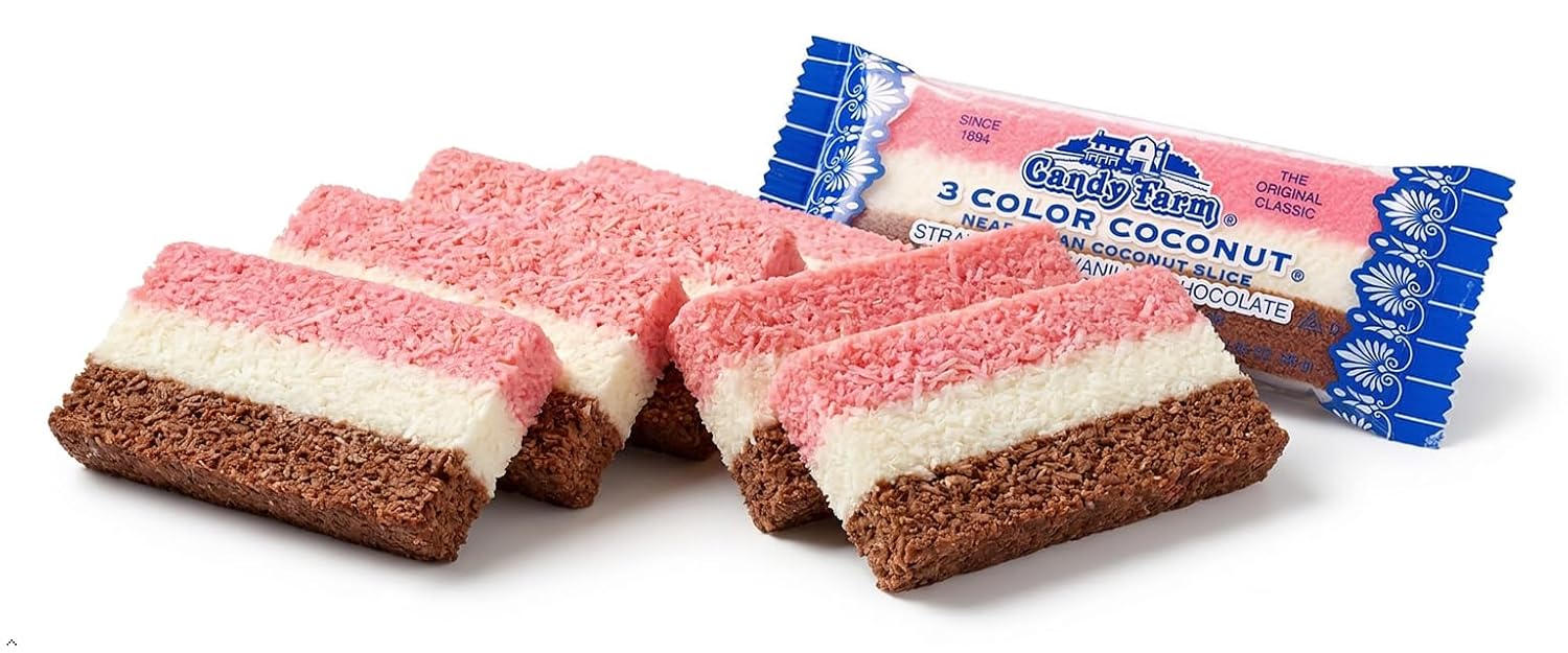 Neapolitan Coconut Slice Candy Bars (Vanilla, Chocolate & Strawberry-striped moist coconut 1.65 Ounce Bars)